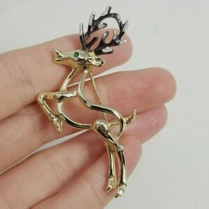Vintage B.J Leaping Deer Brooch, Enamel Antlers Gold Tone Reindeer, Estate
